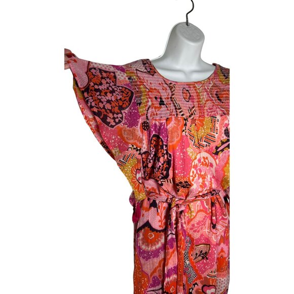 Banjanan Printed Mini Dress Flutter Sleeve Tassel Trim Floral Pink Red Large Boh - Picture 11 of 16